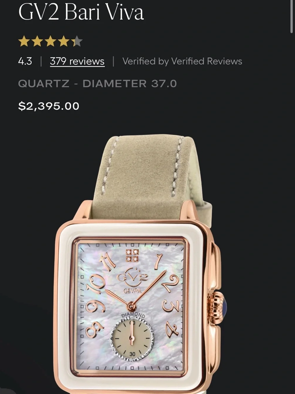 GV2 by Gevril Women's 9262 Bari Cream Enamel MOP Dial Diamond Swiss Quartz Watch